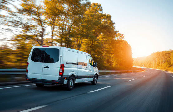 Sprinter van on highway at sunset